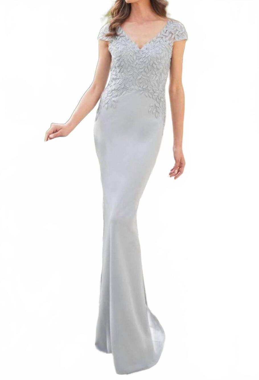 NEW RINA DI MONTELLA embroidered faille sheath maxi dress in light silver